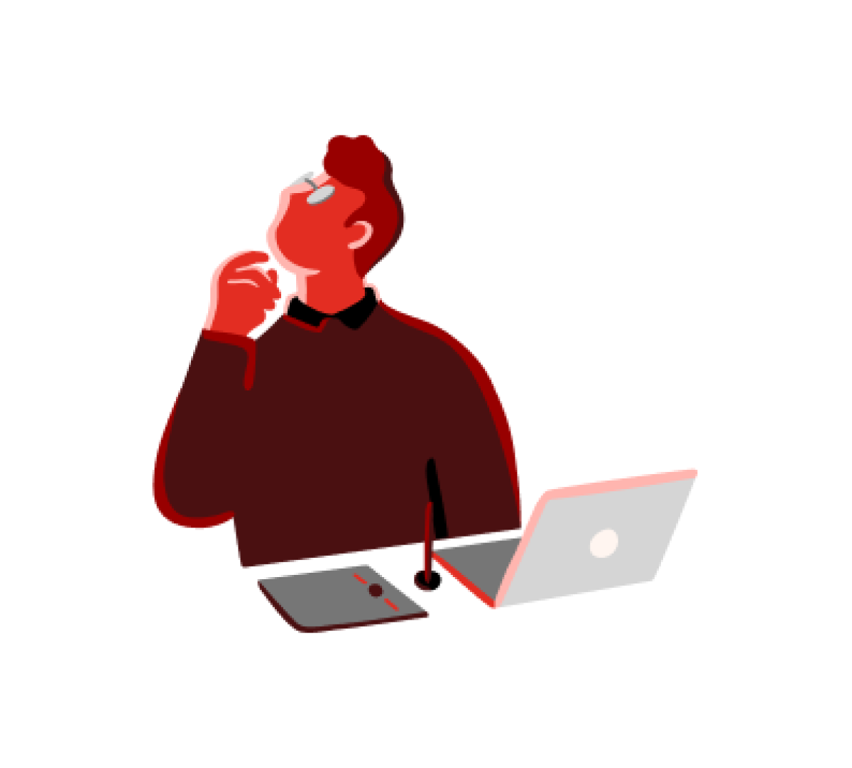 Illustrasjon av mann som sitter ved en pc og tenker