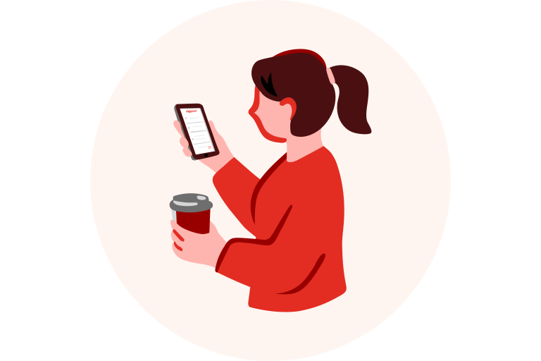 Illustrasjon av dame som holder en mobil og en kaffekopp