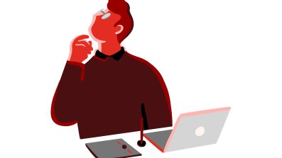 Illustrasjon av mann som sitter ved en pc og tenker