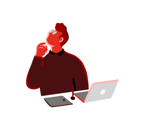 Illustrasjon av mann som sitter ved en pc og tenker