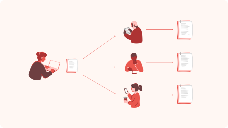 Illustration of the process of sending personalized documents to many recipients from Digipost