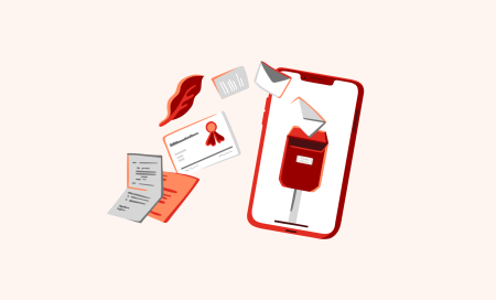 Illustration of a smartphone displaying a digital mailbox on the screen, surrounded by floating elements such as papers, envelopes, and a certificate with a seal. The image symbolizes digital mail management and document organization.