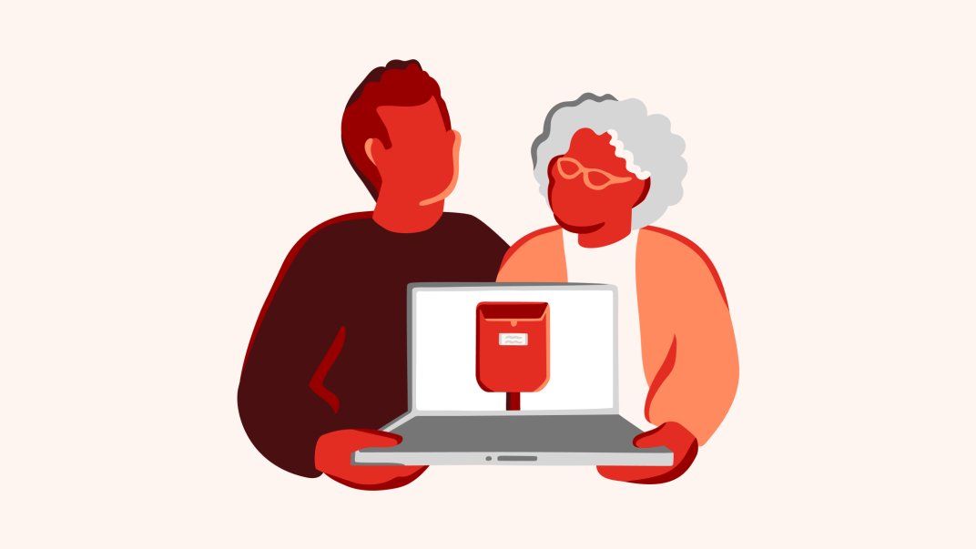 Illustration with two persons holding a computer together