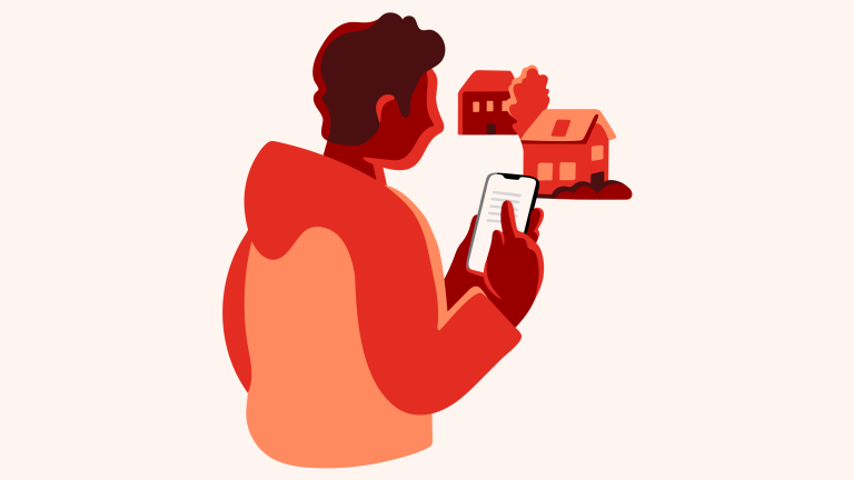 Illustration of a young man with a mobile in front of two houses
