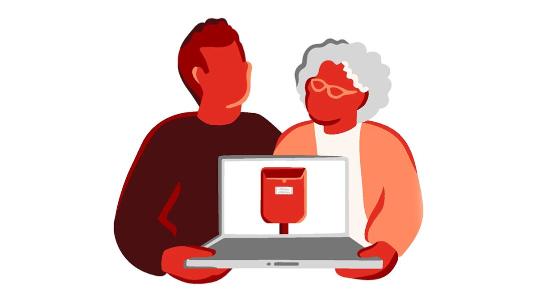 Illustrasjon av en mann og en eldre dame som holder en laptop sammen