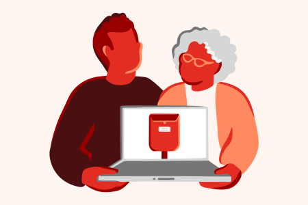 Illustrasjon av to person som holder en datamaskin med bilde av en postlasse